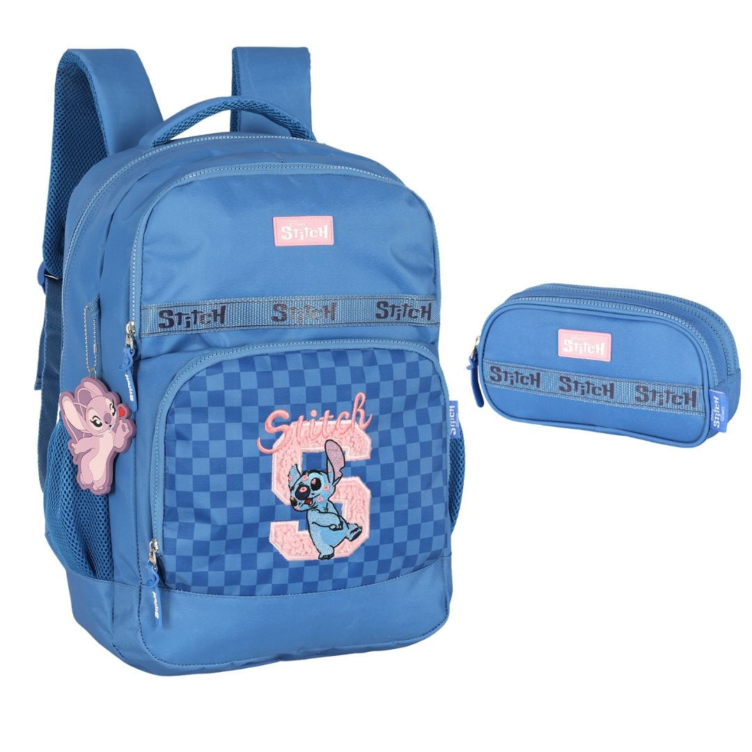 Kit Mochila de Costas e Estojo Triplo Stitch Kisses Azul - Luxcel