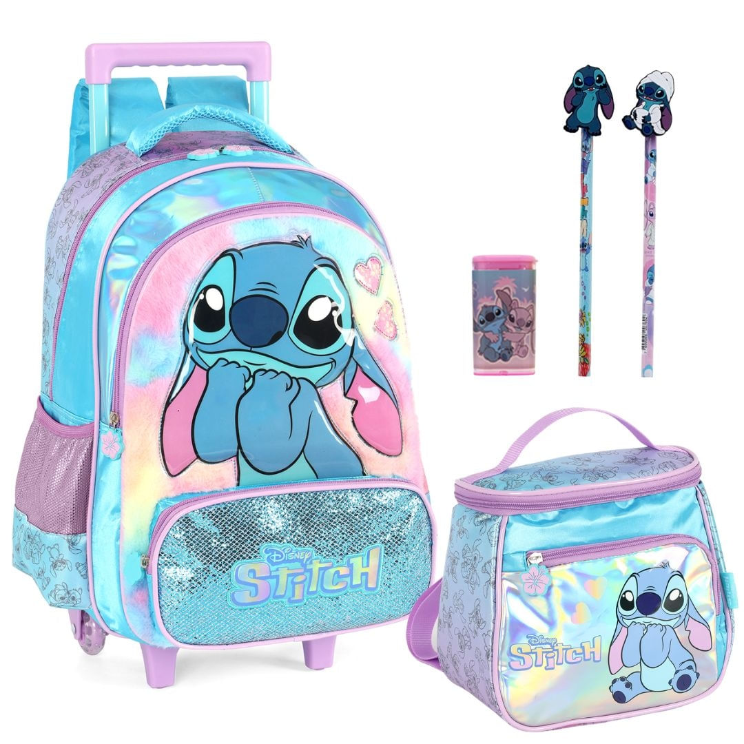 Kit Mochila Roda, Lancheira, Lápis e Apontador Stitch Luxcel