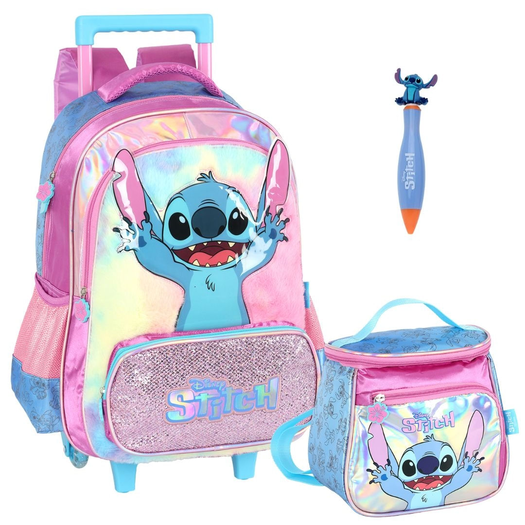 Kit Mochila Rodinha, Lancheira e Caneta Stitch - Luxcel