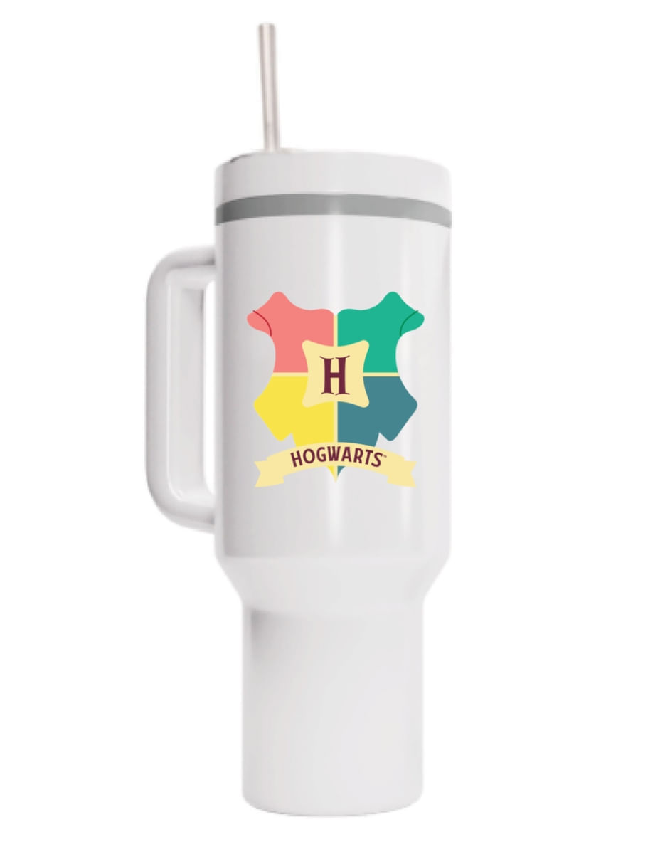 Copo com Canudo Harry Potter - Hogwarts - Branco