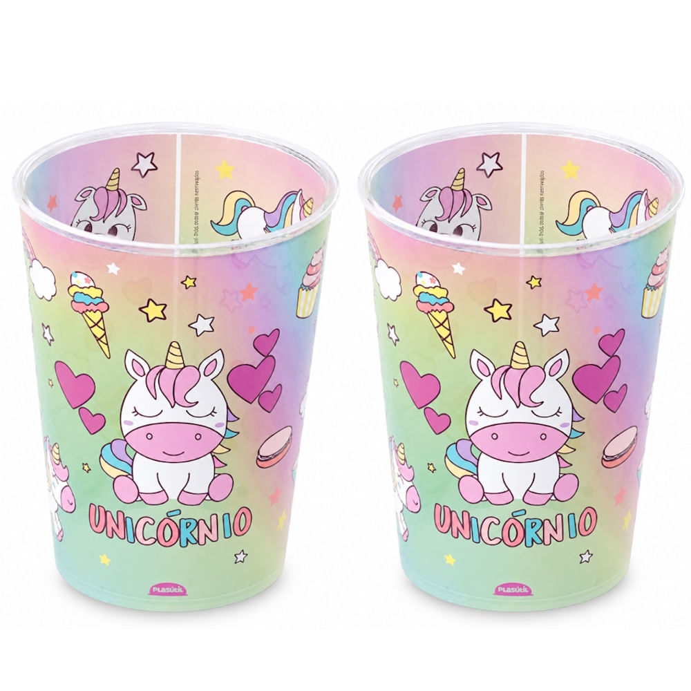 2 Copos Unicórnio 320ml BPA Free Plasútil Infantil p/ Refrigerante e Suco