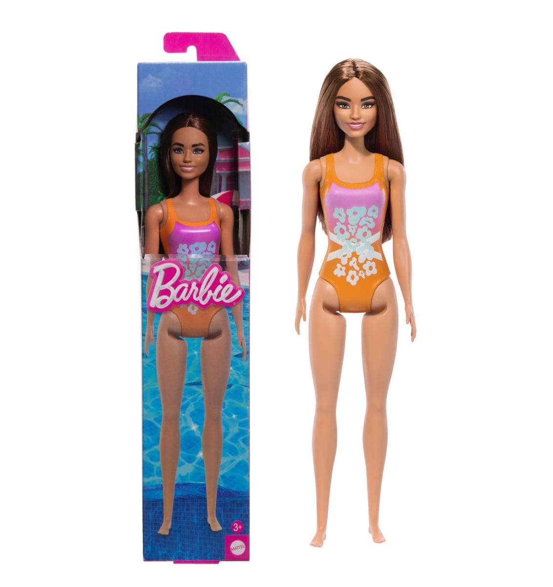 Boneca Barbie Praia Morena Maiô Laranja - HXX50 - Mattel