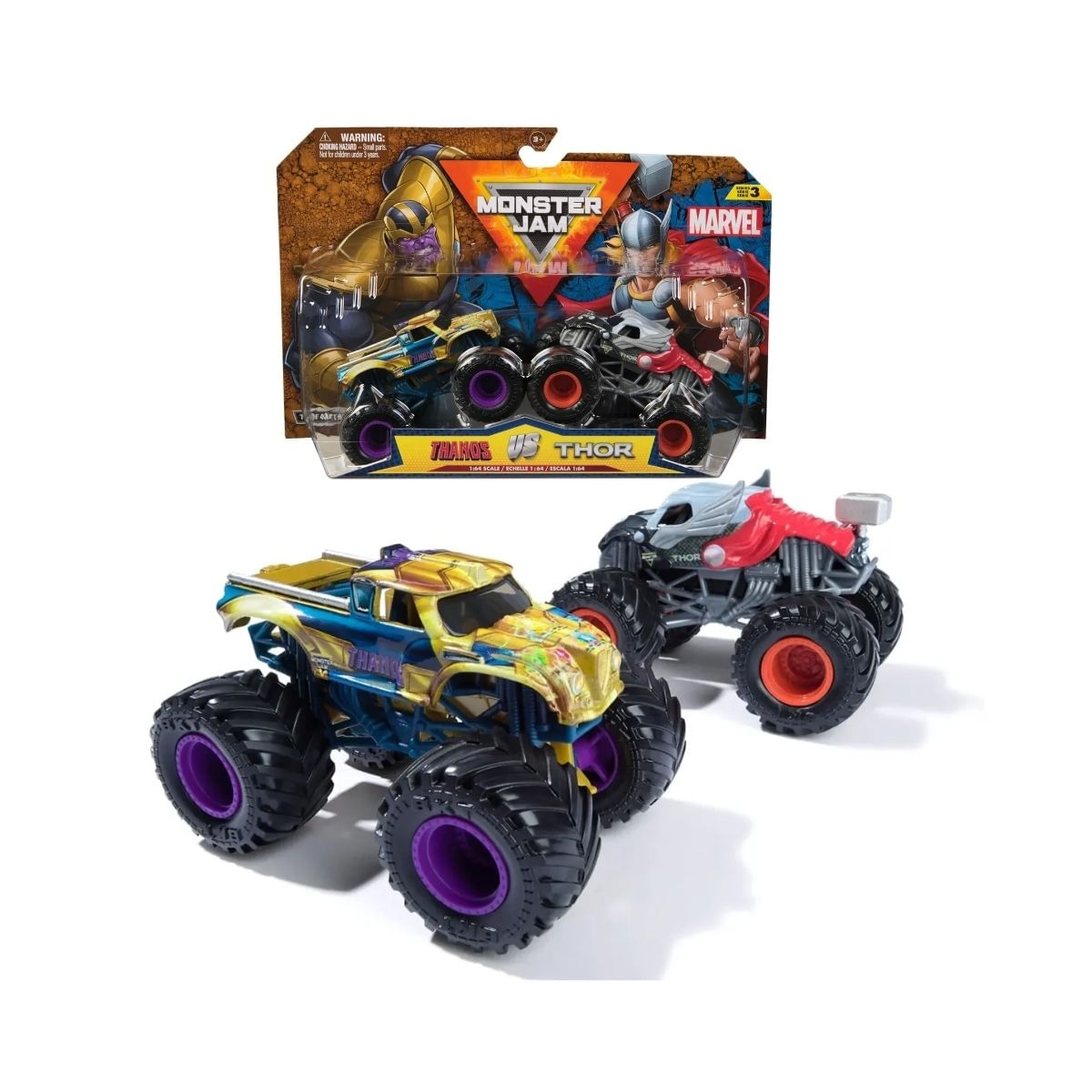 Carrinhos Monster Jam 1:64 Thanos X Thor com 2 carrinhos
