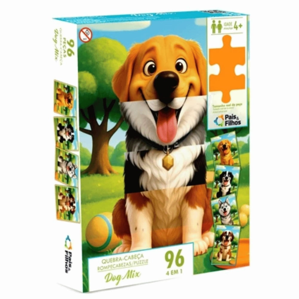 Quebra-Cabeça Dog Mix 96 Peças 4 em 1 Pais e Filhos