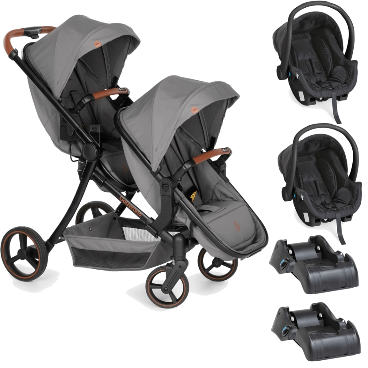 Carrinho para Gêmeos com 2 Bebê Cocoon e 2 Base Galzerano Nix Duo Grafite