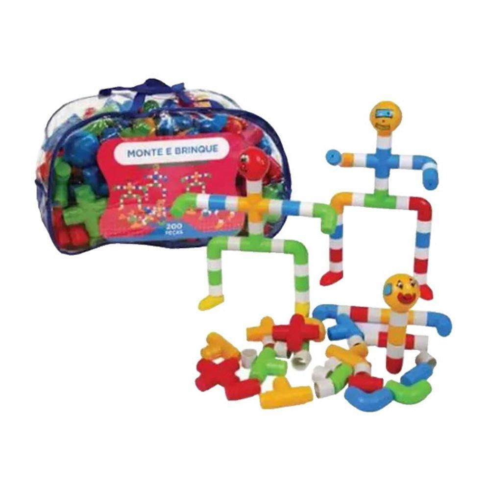 Brinquedo Educativo Monte e Brinque 200 Peças de Encaixe com Sacola Plástico Rígido Sonho de Criança