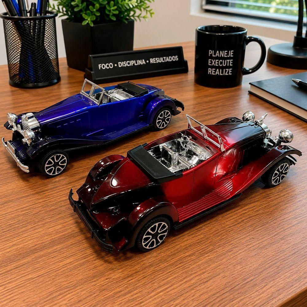 Kit 2 Carros Miniatura Colecionável Retrô Classic Azul e Vermelho
