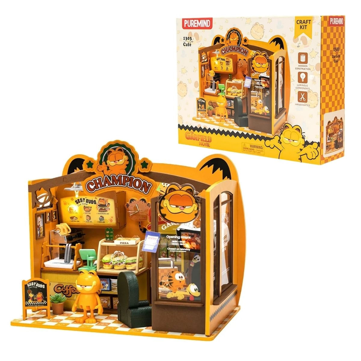 Quebra-Cabeça 3D Garfield Café Kit Madeira Com Luz Puremind