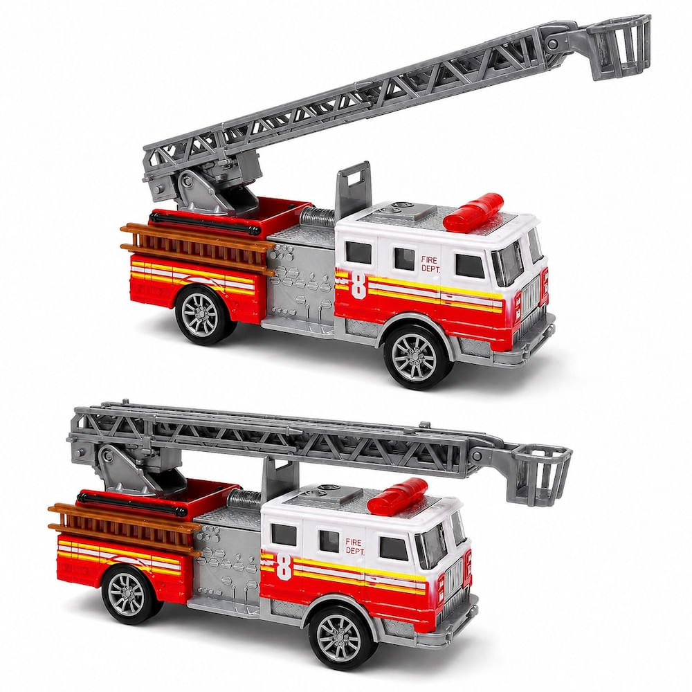 Kit 2 Carrinhos de Bombeiro Infantil em Metal com Escada e Cesto Articulado