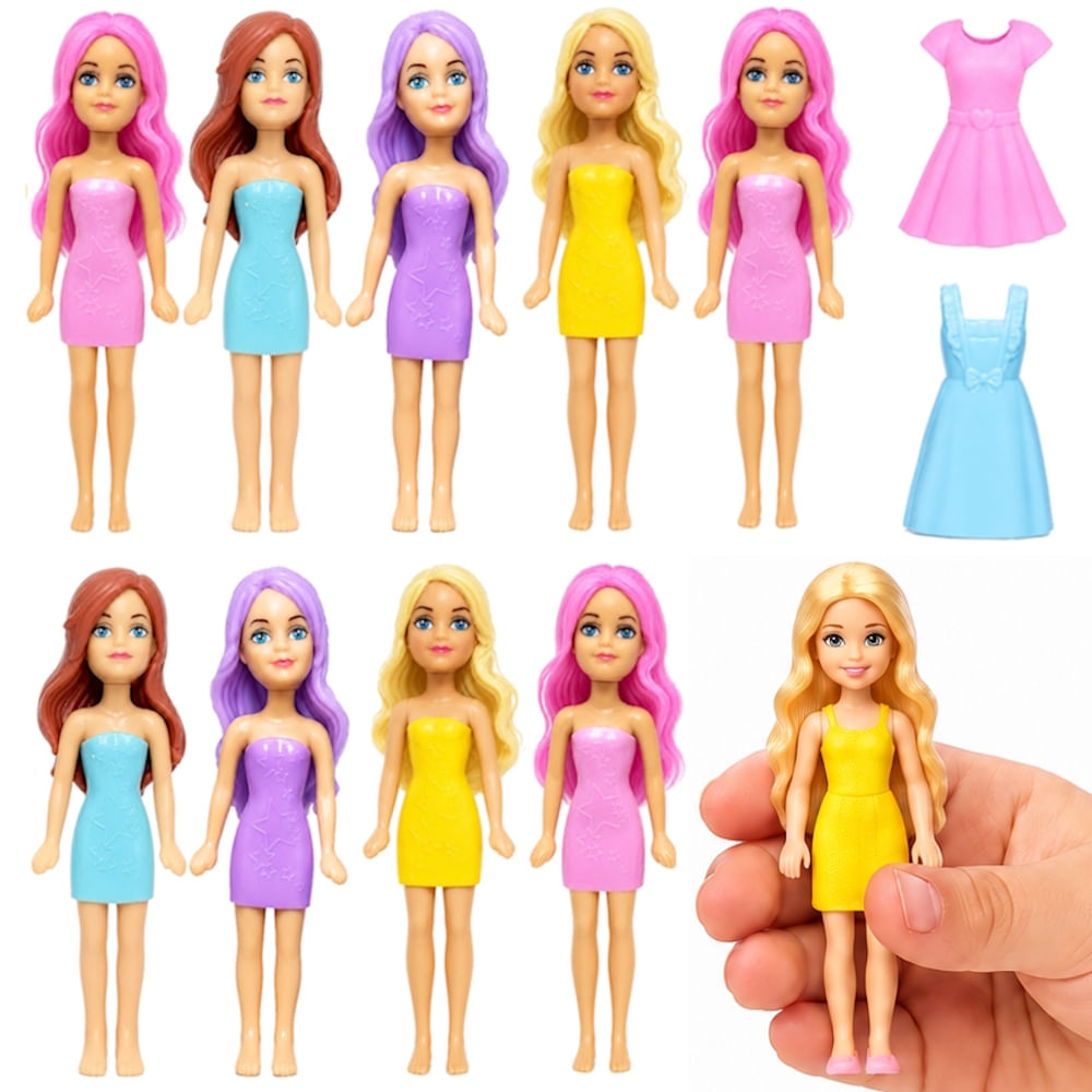 10 Mini Bonecas com troca de Roupinhas + Cartela adesivos Brinde Atacado