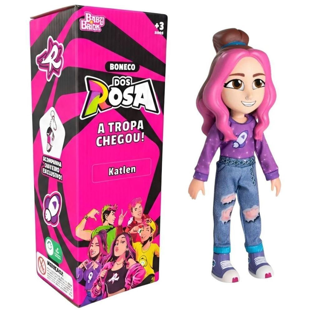 Boneca Articulada Katlen dos Rosa Youtuber com Chaveiro Roxo Baby Brink