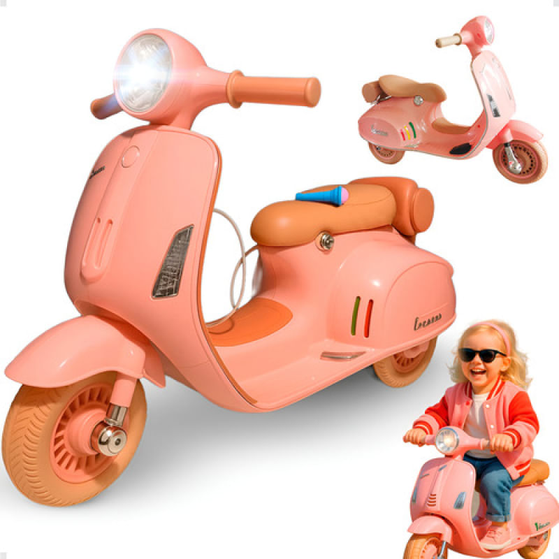 Brinquedo Moto Scooter Elétrica Rosa Infantil 6V com Luzes e Som
