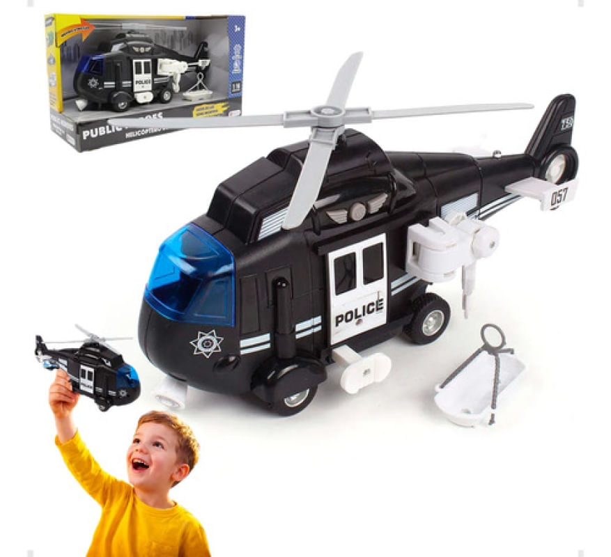 HELICOPTERO DE POLICIA PRETO COM LUZ E SOM 1:16
