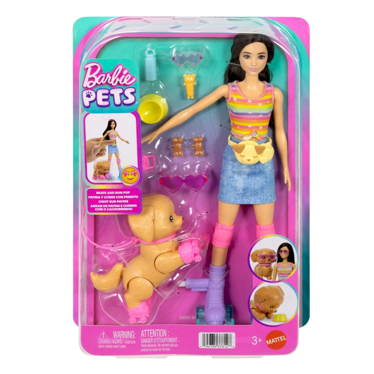 Boneca Barbie Pets Morena - Patins e Corrida com Cachorro - Mattel
