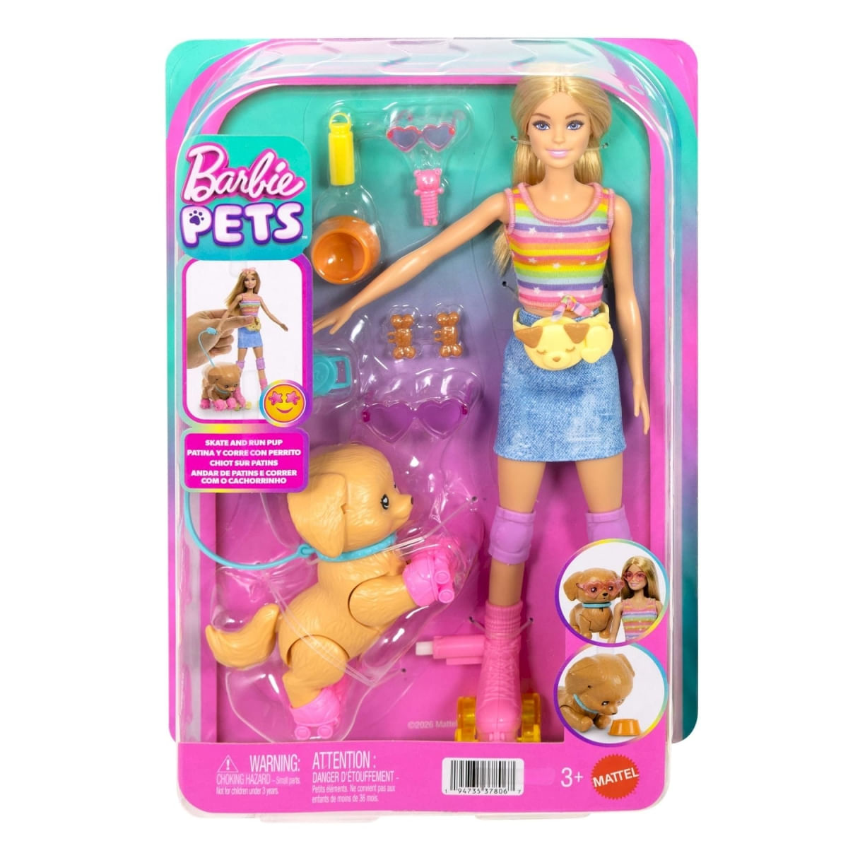 Boneca Barbie Pets Loira - Patins e Corrida com Cachorro - Mattel