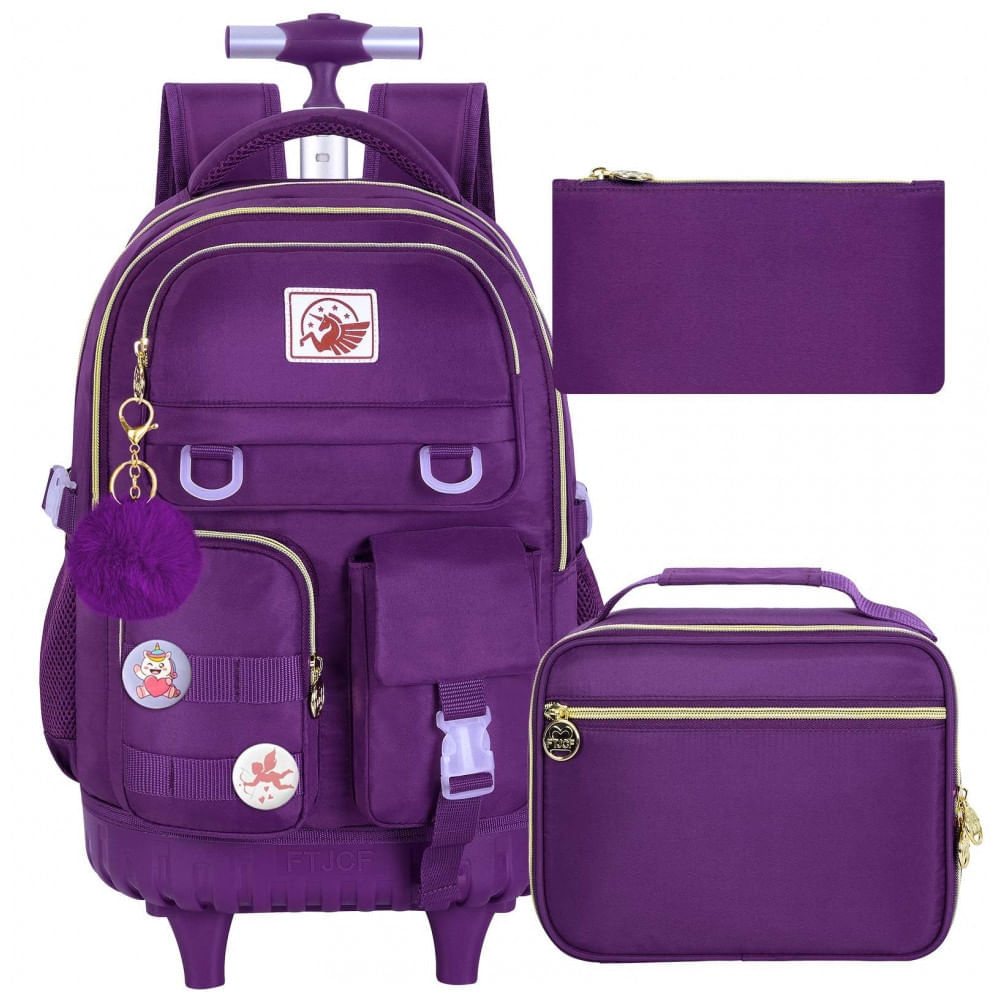 Mochila escolar CCJPX com rodinhas roxa, conjunto 3 peças com lancheira e estojo, resistente à água
