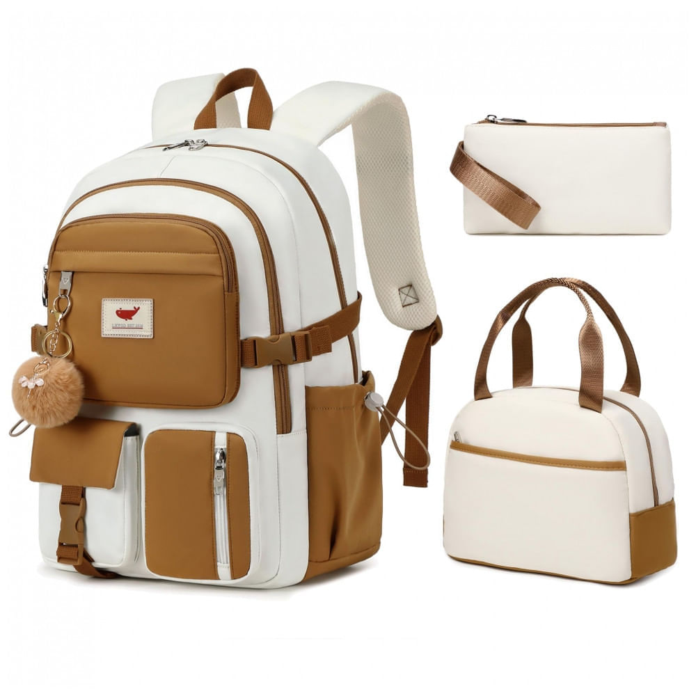 Mochila escolar e para notebook bege cáqui, conjunto 3 peças com lancheira e estojo, para notebook até 40,6 cm