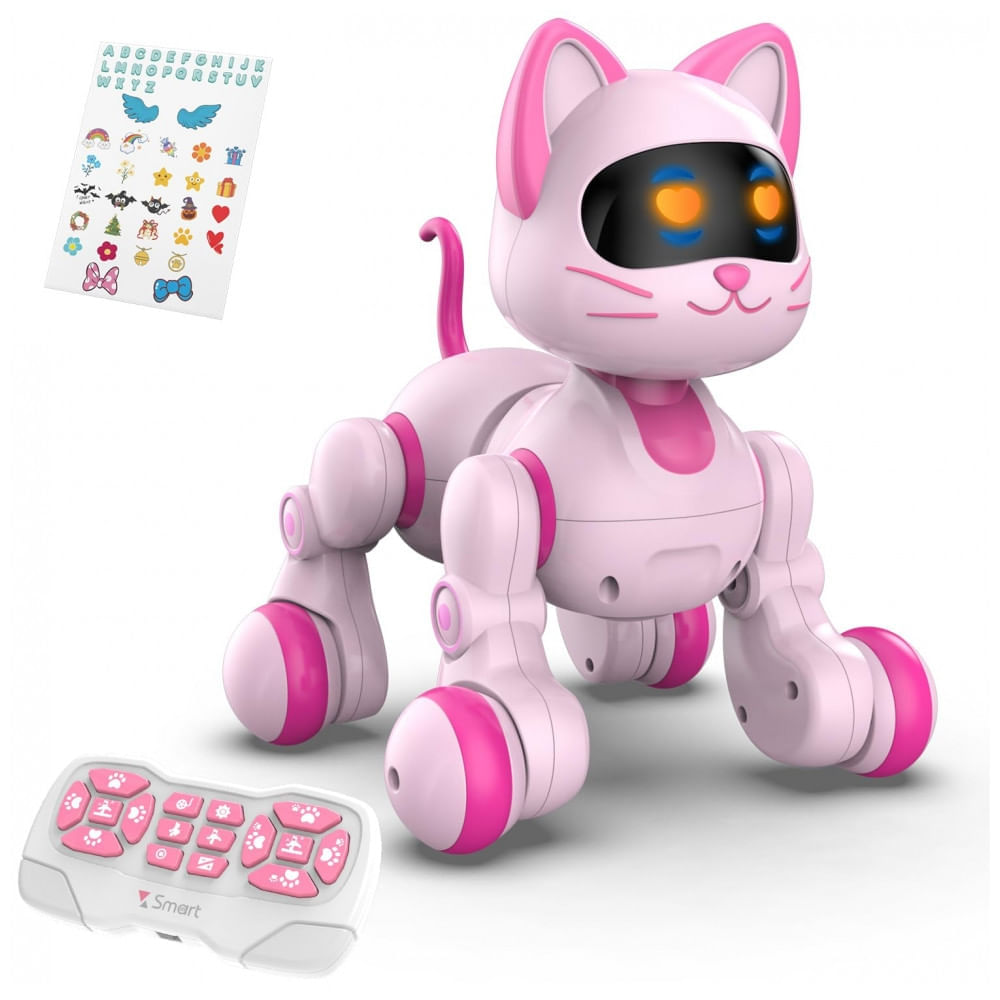 Robô Gato STEMTRON 25cm Interativo Programável RC Rosa com Adesivos