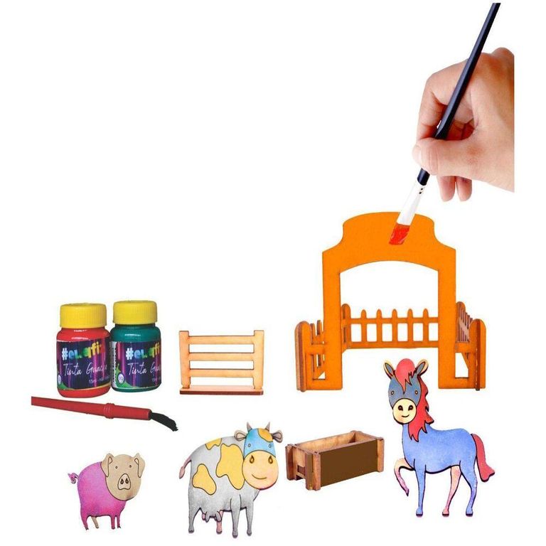 Brinquedo de madeira Kit Animais da Fazenda + Kit Pintura, da