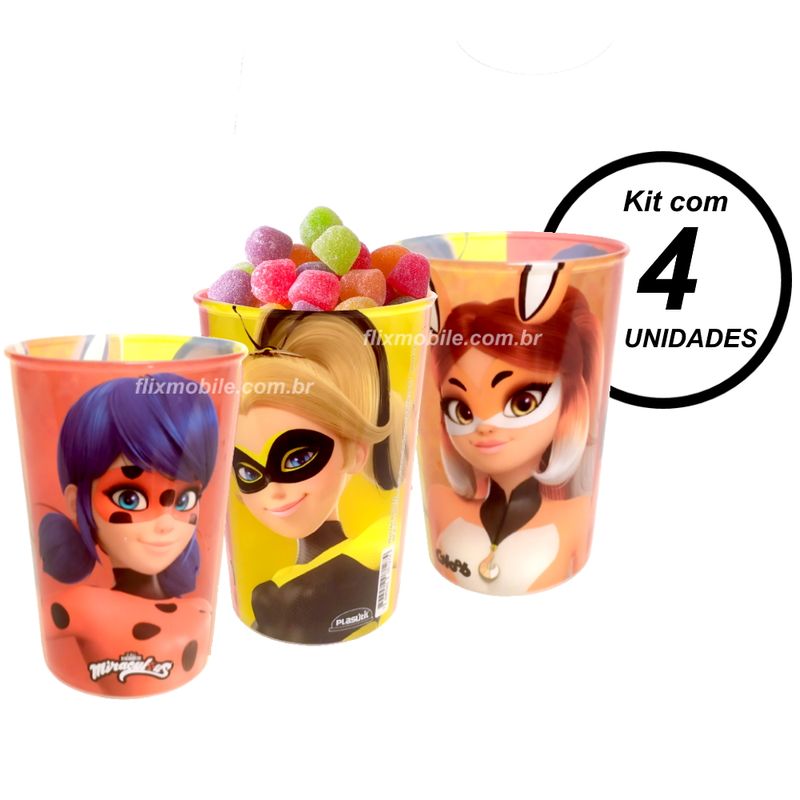 Kit 4 Copos Ladybug Miraculous p/ Festa Infantil Lembrança