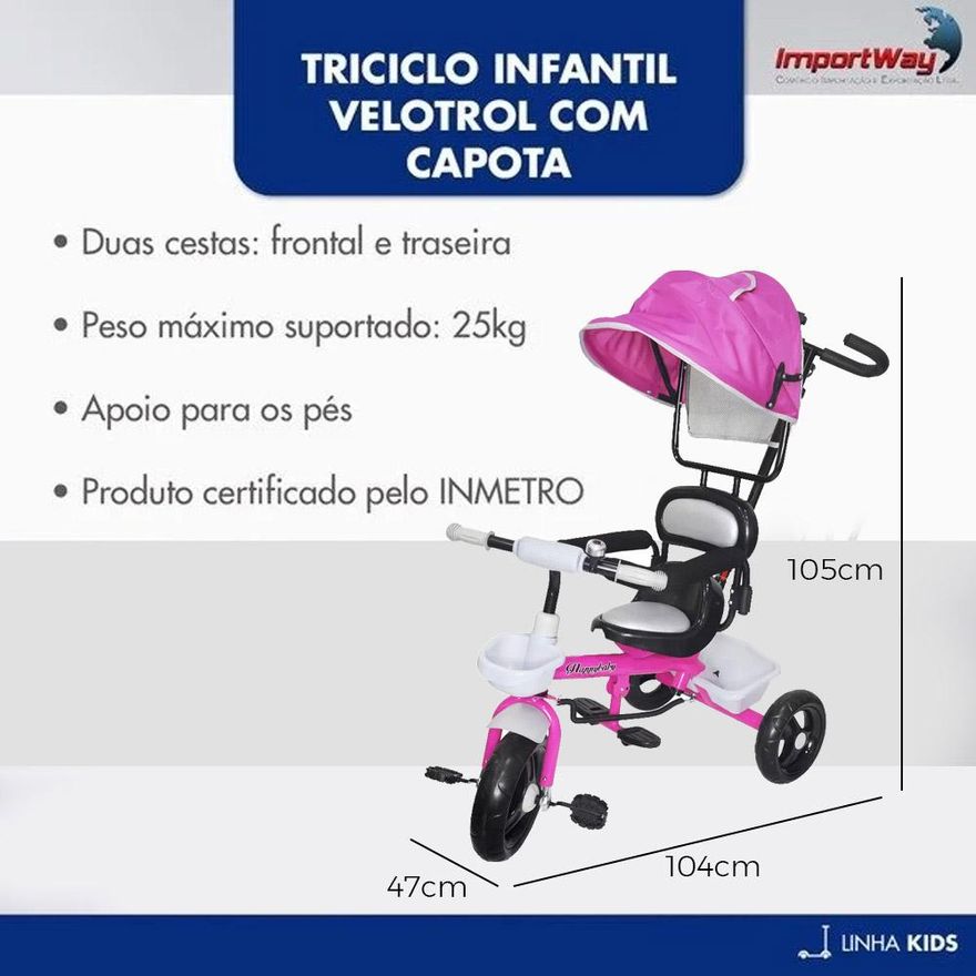 Triciclo Infantil Empurrador Com Capota Rosa BW084RS