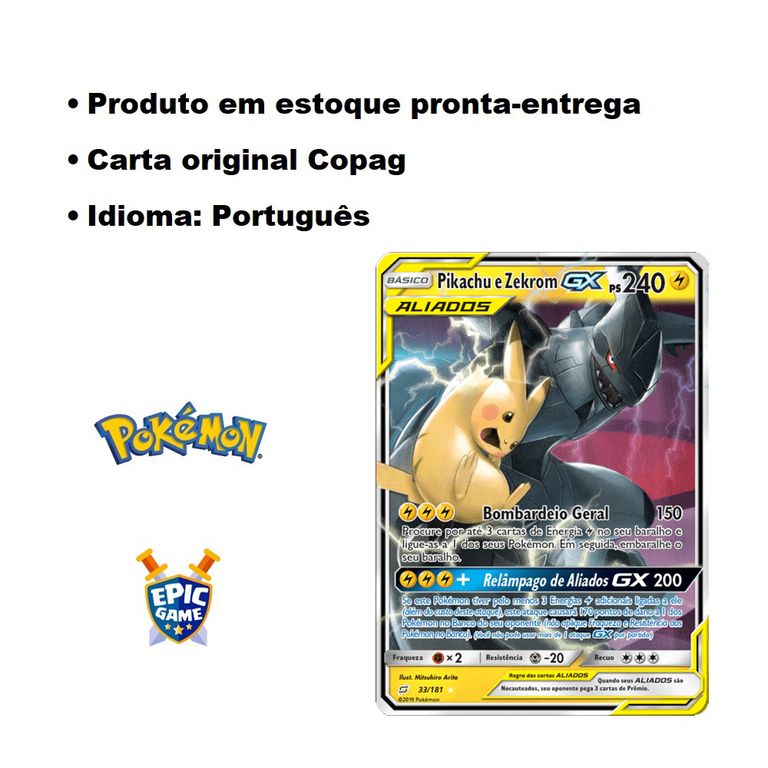 Pikachu E Zekrom GX Pokémon Carta Em Português 33/181 - Lista Kids Todo  Cartoes