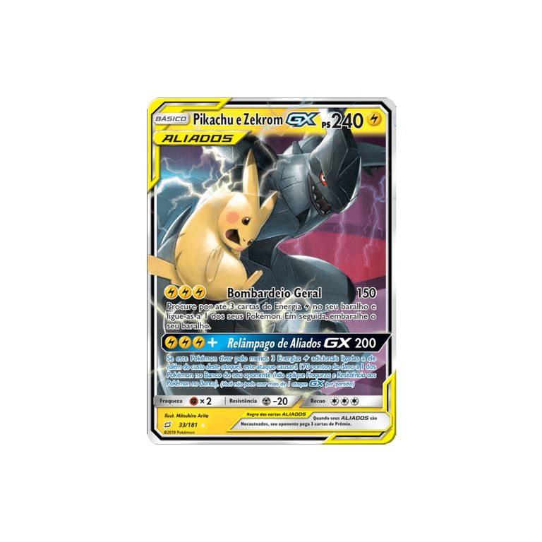 Pikachu E Zekrom GX Pokémon Carta Em Português 33/181 - Lista Kids Todo  Cartoes