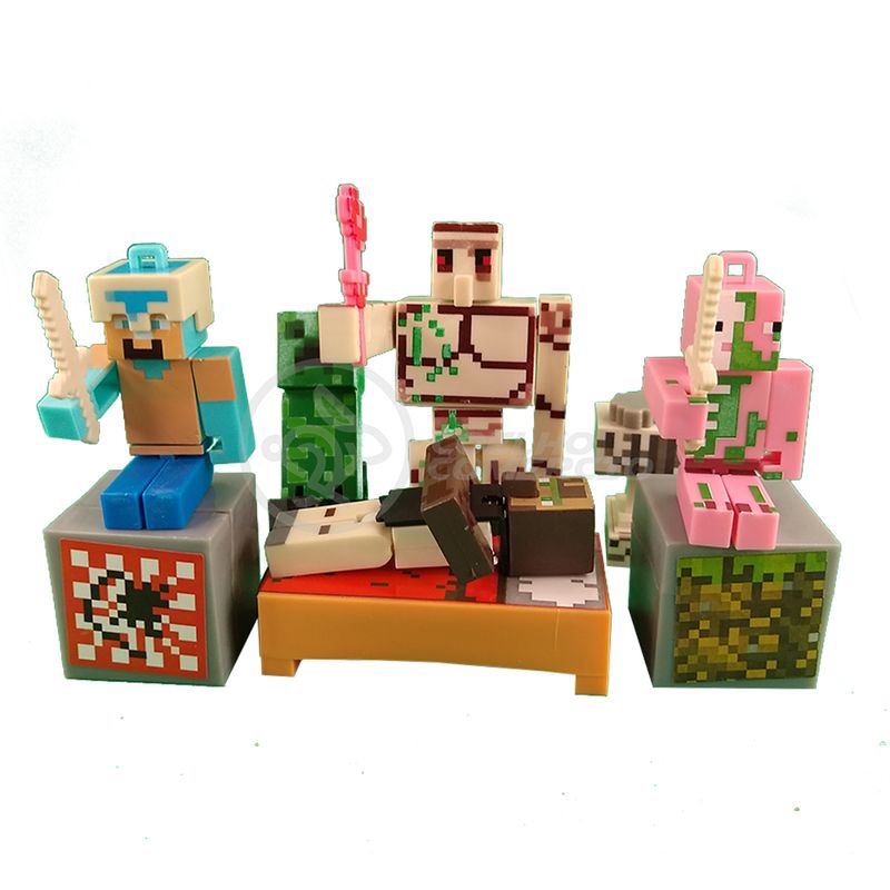 Kit Cartelado Conjunto Minecraft 2 Bonecos + 1 Villager + 1 Enderman + 1  Creeper + 1 Cama + Espadas - Ri Happy