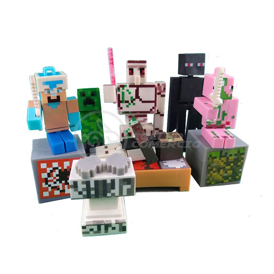 Kit Cartelado Conjunto Minecraft 2 Bonecos + 1 Villager + 1 Enderman + 1  Creeper + 1 Cama + Espadas - Ri Happy