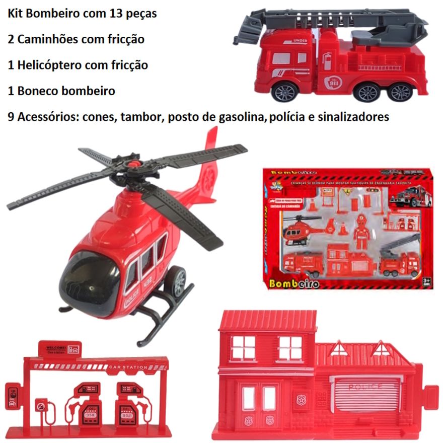 Kit 3 Carrinho Bombeiro Helicóptero Motinha Brinquedo Menino Criança  Infantil Presente Barato