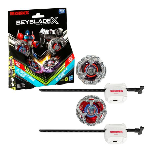 Conjunto de Piões e Lançadores - Beyblade x Transformers - Optimus Prime e Megatron - Hasbro