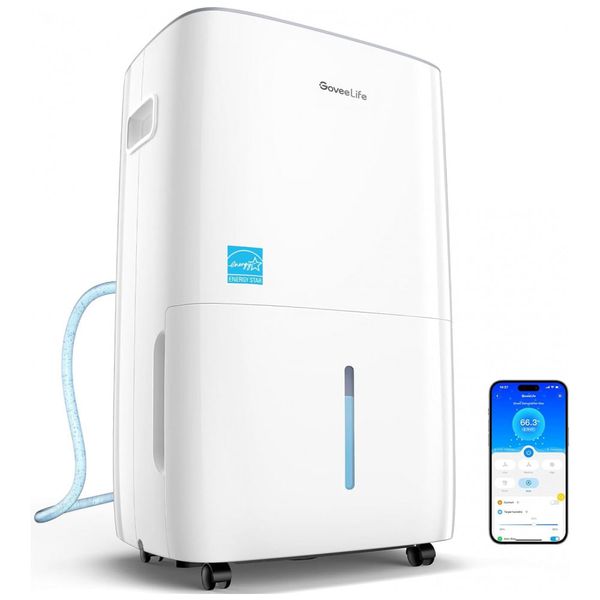 Desumidificador Inteligente 7,5L com Controle Automático de Umidade, Mangueira de Drenagem, WiFi e Área 400m2, GoveeLife H7151, Branco