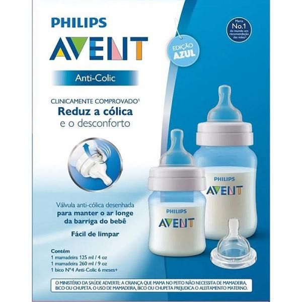 Kit com 2 Mamadeiras ANTI-COLIC Classica AZUL 125/260ML Philips AVENT SCD809/37