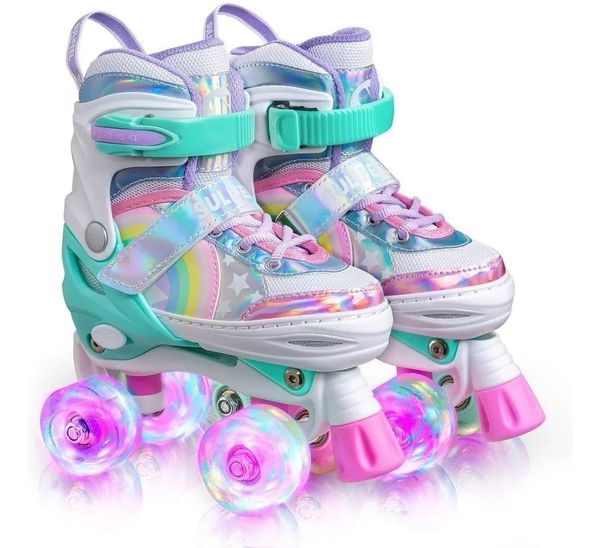 -Patins Infantil Quad Ajustável + Rodas Led- ROSA-28-32