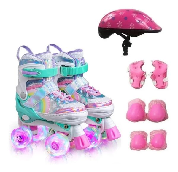Patins Infantil Quad Ajustável+ Kit Proteção Rodas Led - ROSA- 33-36