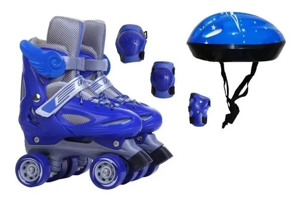 Patins Quad Azul Regulável De Todos Tamanhos + Capacete + joelheira + cotoveleira. Kit proteção Tamanho: 33-36