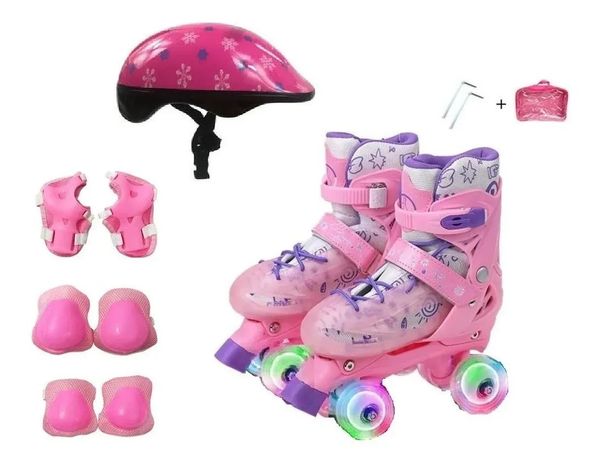 Patins Quad Rosa Regulável 33-36 Com Rodas Em LED + Capacete + cotoveleira + joelheira. Kit proteção