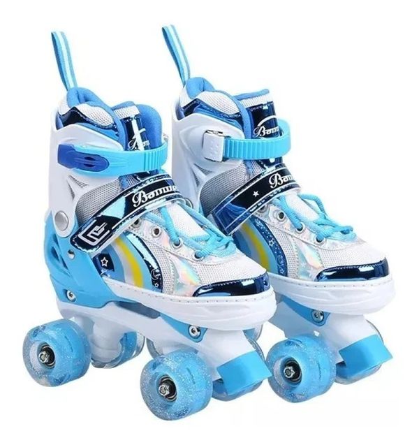 Patins Infantil Quad Ajustável + Rodas Led- AZUL-28-32