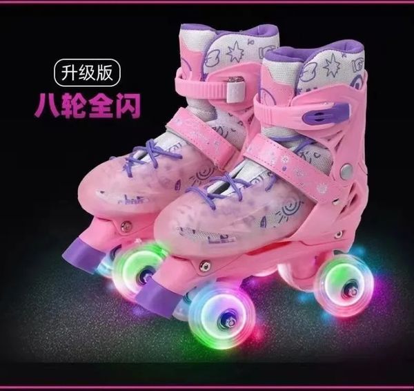 Patins Quad Rosa Regulável 33-36 Rodinhas Led + Kit