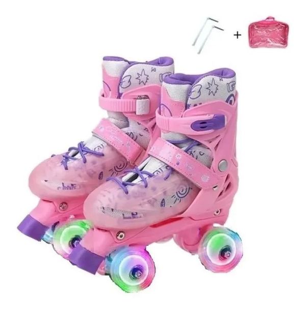 Patins Quad Rosa Regulável 28-32 Rodinhas Led + Kit!
