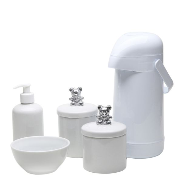 Potes, Garrafa, Molhadeira e Porta Álcool-Gel Ursinho Prata