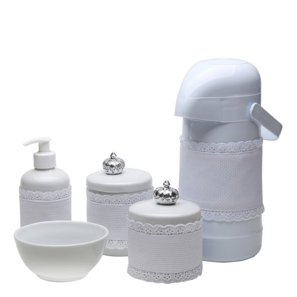 Potes, Garrafa, Molhadeira e Porta Álcool-Gel Com Capa Coroa Prata