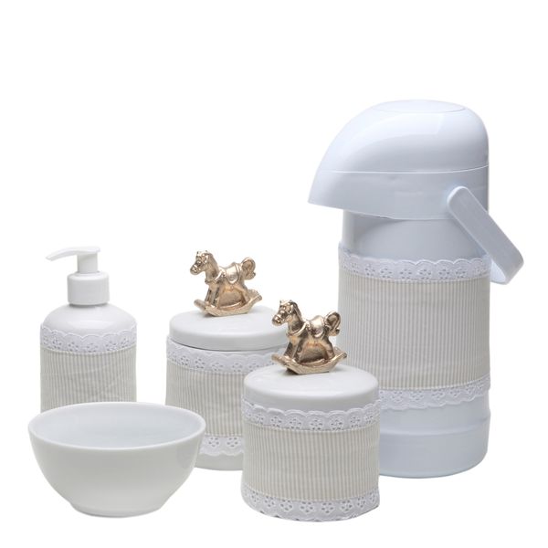 Potes, Garrafa, Molhadeira e Porta Álcool-Gel Com Capa Cavalinho Dourado