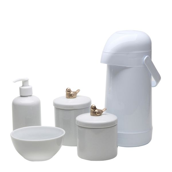 Potes, Garrafa, Molhadeira e Porta Álcool-Gel Passarinho Dourado