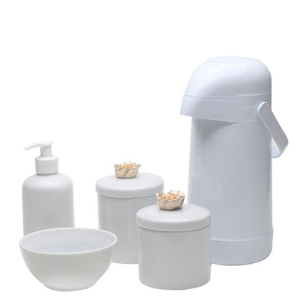 Potes, Garrafa, Molhadeira e Porta Álcool-Gel Florzinha Dourada