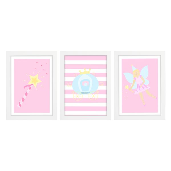 Trio De Quadros Branco Com Vidro Conto De Fadas