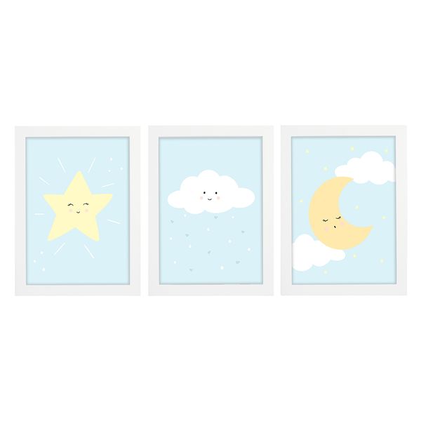 Trio De Quadros Branco Com Vidro Chuva de Amor Azul