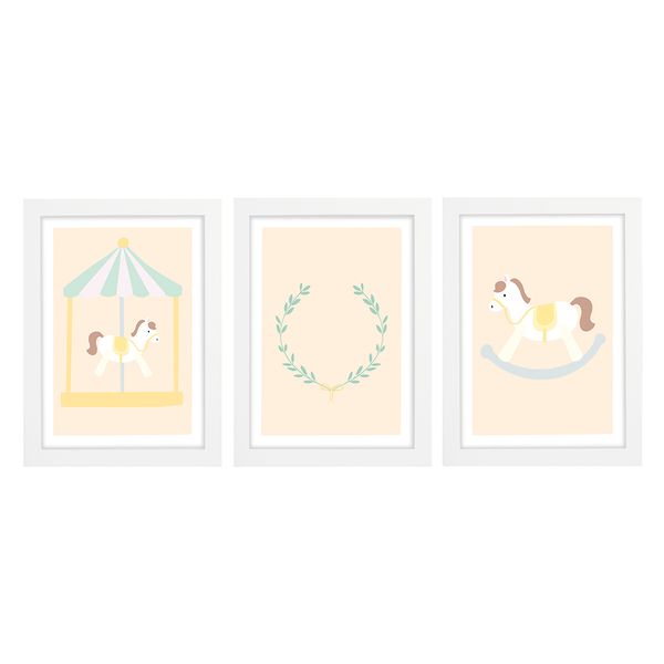 Trio De Quadros Branco Com Vidro Cavalo De Balanço
