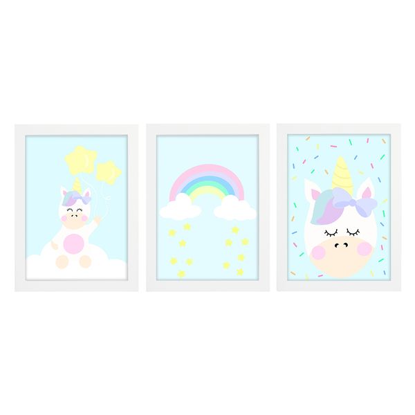 Trio De Quadros Branco Com Vidro Unicórnio