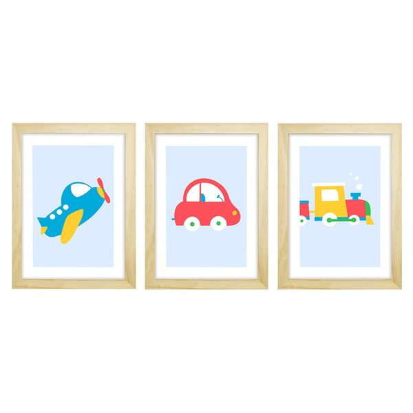 Trio De Quadros Pinus Com Vidro Meio de Transportes Colorido